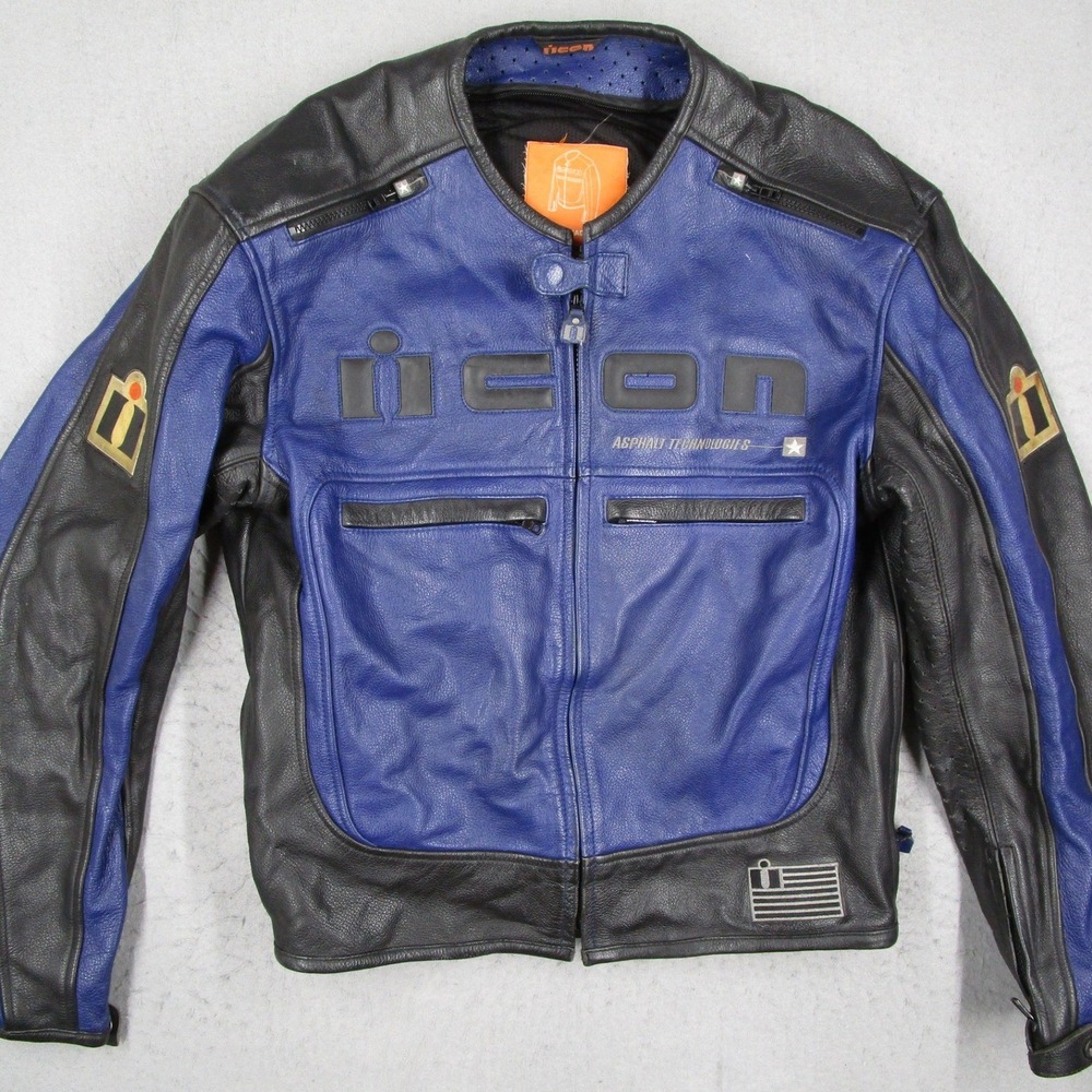Icon Motorhead Leather Motorcycle Jacket Blue Black Mens Large L 44-46 Asphalt
